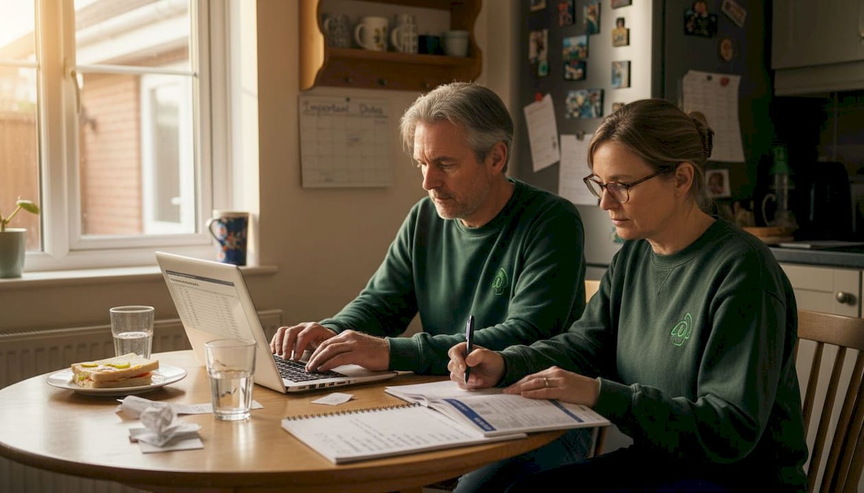 Couple reviewing solar battery costs at kitchen table