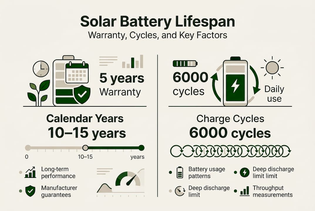 Infographic on solar battery lifespan and usage factors