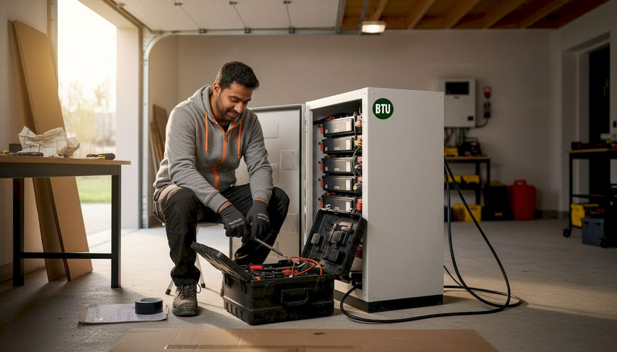 Electrician sorts tools for battery installation in garage