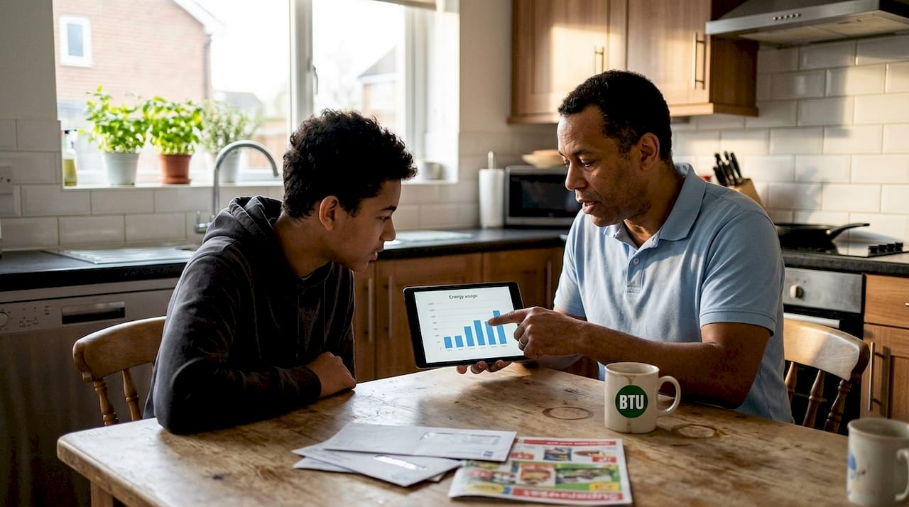 Family reviewing home energy usage app