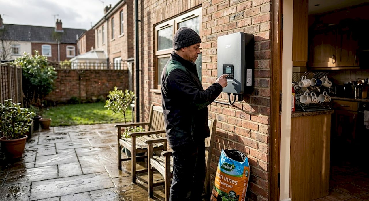 Man checking solar inverter on cool patio