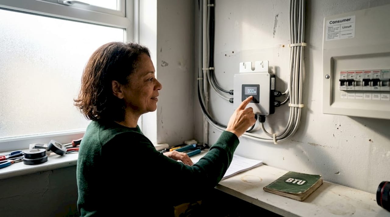 Woman checking 800W solar inverter in apartment