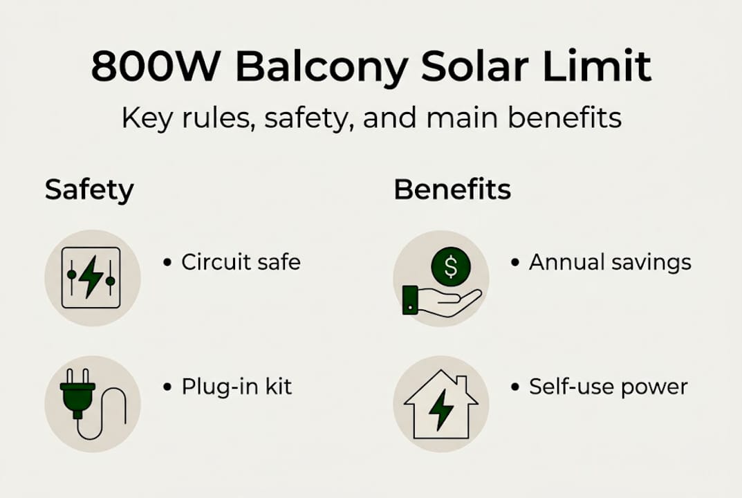 Infographic showing safety and benefits of 800W balcony solar