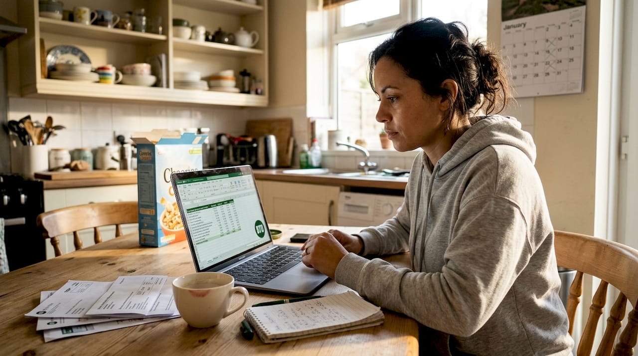 Woman reviews solar earnings spreadsheet home
