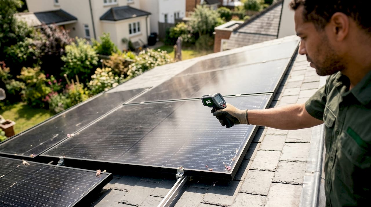 Close-up of solar panels checked for heat