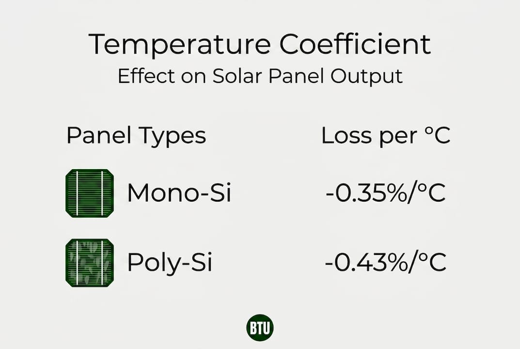 Infographic comparing solar panel types and coefficients