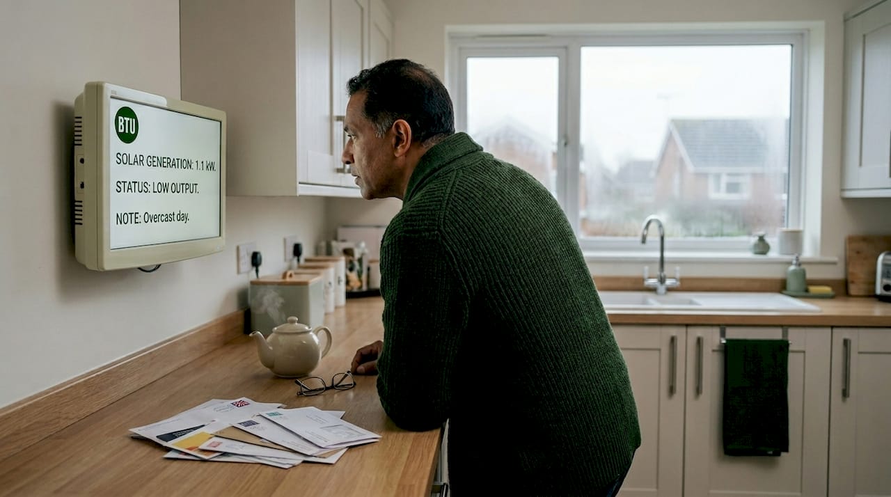 Homeowner checks cloudy day solar output meter