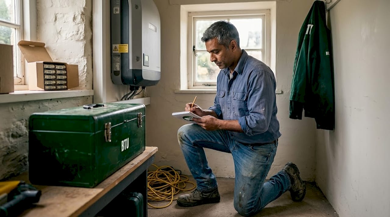 Technician inspecting solar system inverter