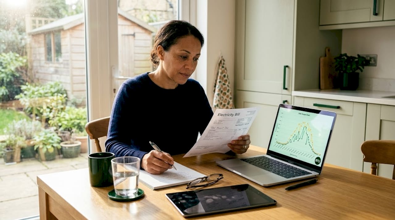 Person reviews bill and solar output chart at kitchen table