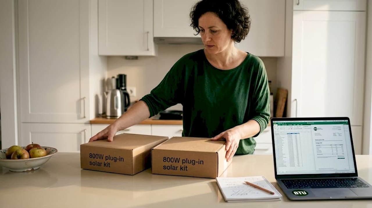 Woman reviewing plug-in solar kit prices at kitchen