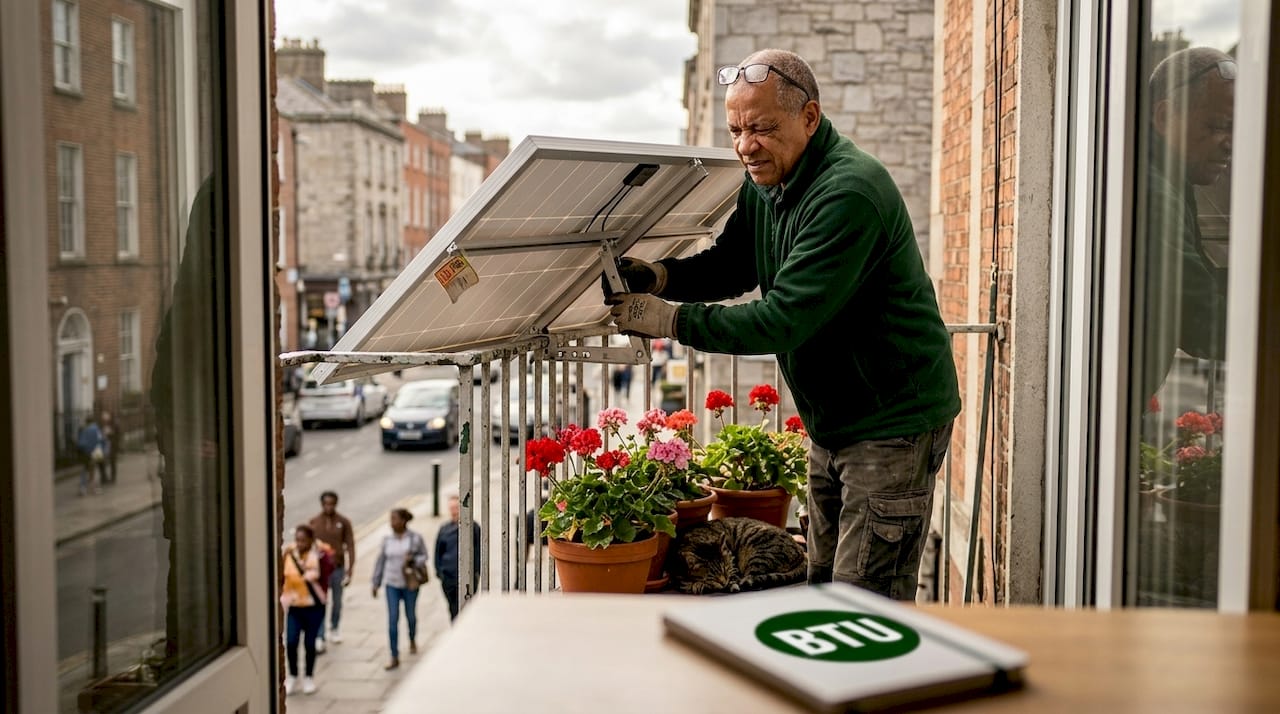 Man adjusting solar panel direction on balcony
