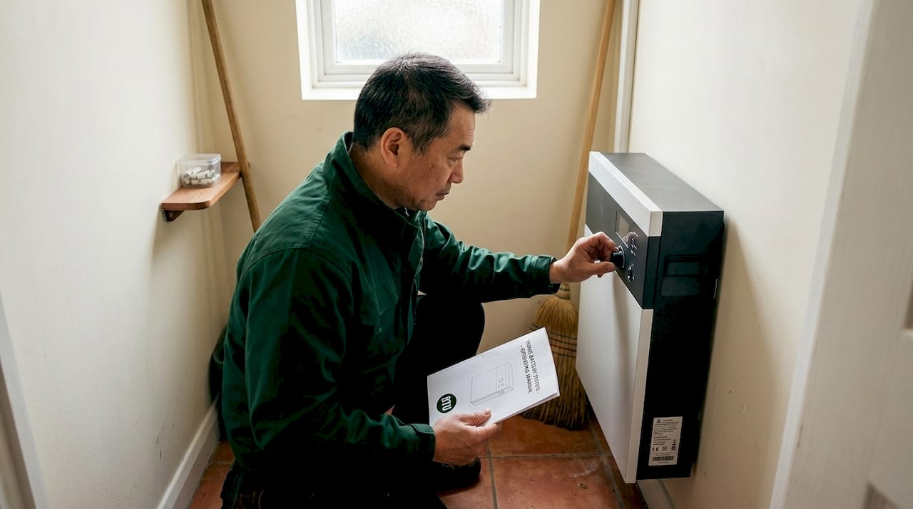 Man adjusting home battery system in utility room