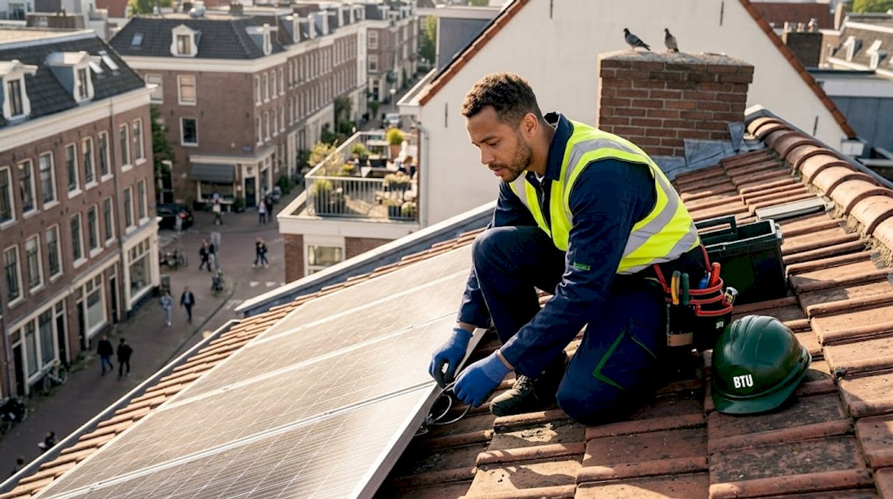 Solar installer inspecting residential solar panels