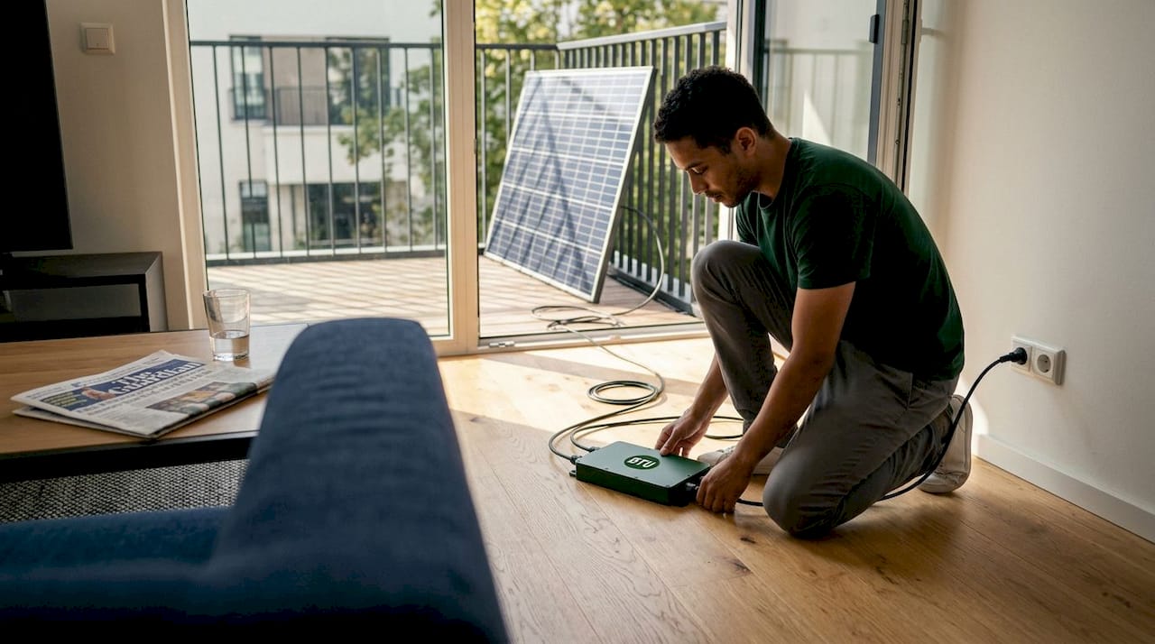 Renter connecting microinverter solar kit indoors