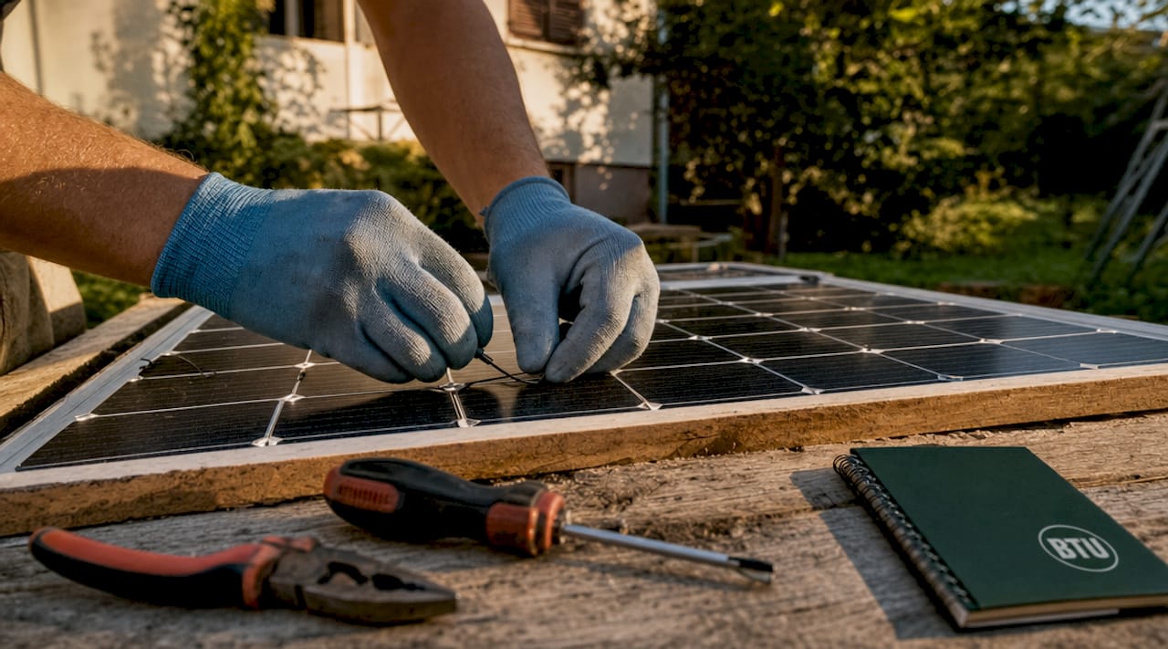 Technician assembling solar photovoltaic cells
