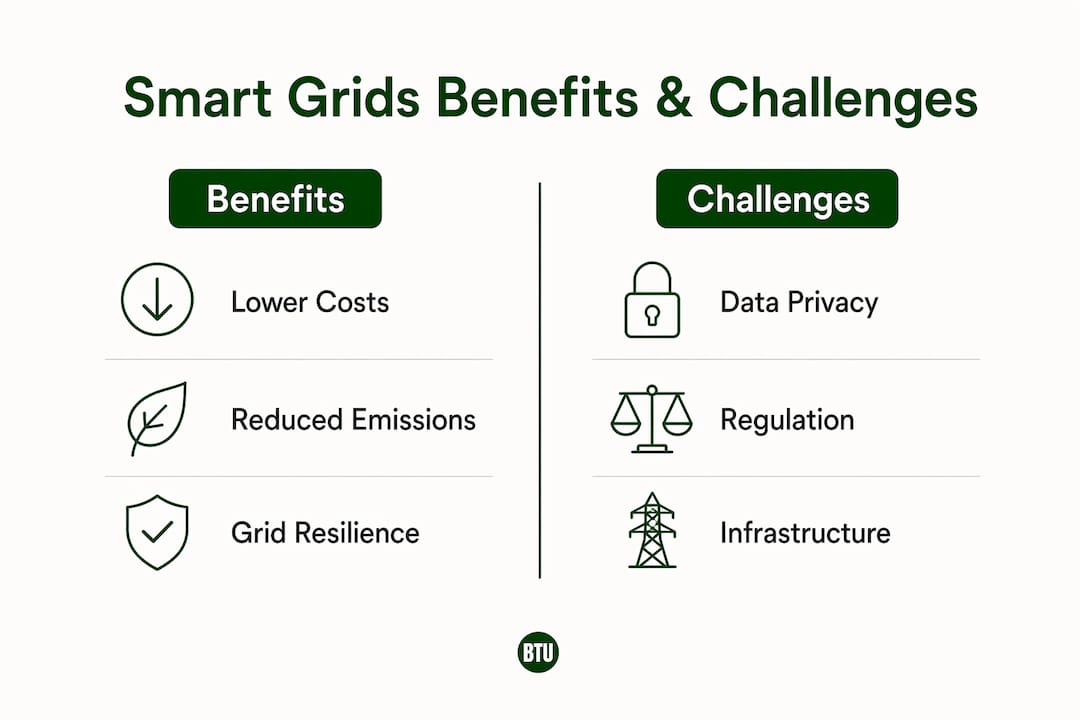 Infographic comparing benefits and challenges of smart grids