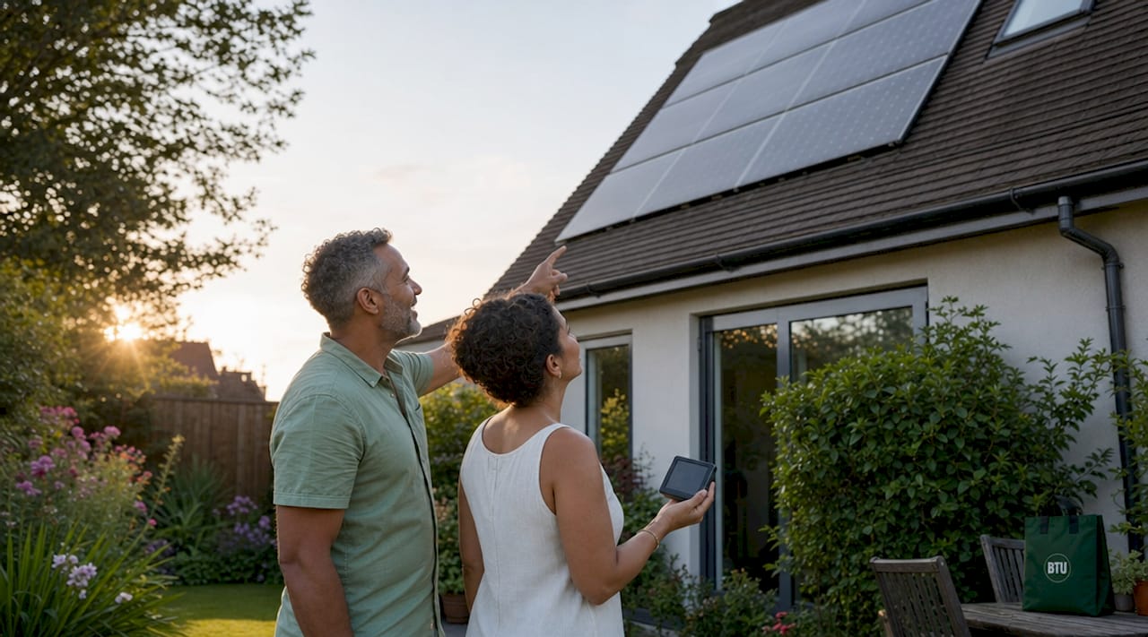 Couple inspecting solar panels on roof