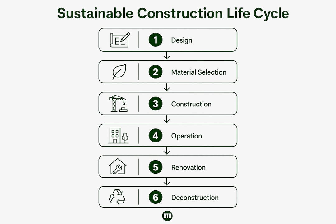 Infographic illustrating sustainable construction life cycle stages