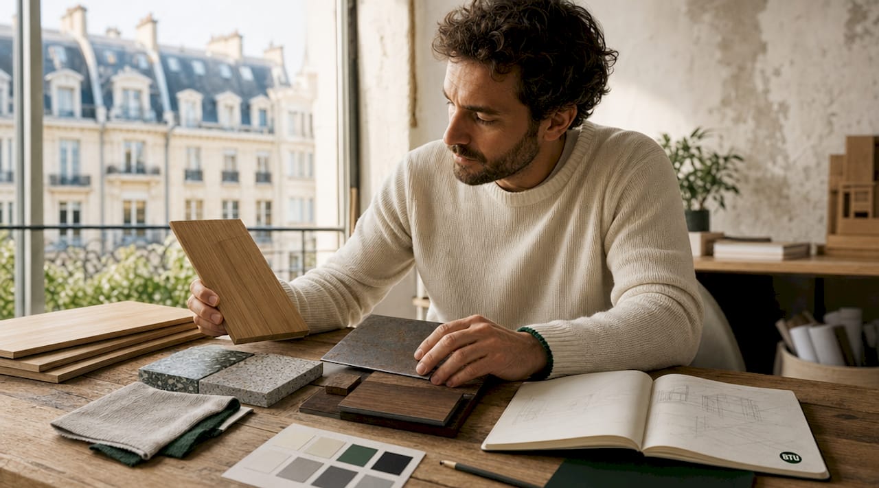 Architect comparing sustainable building materials samples
