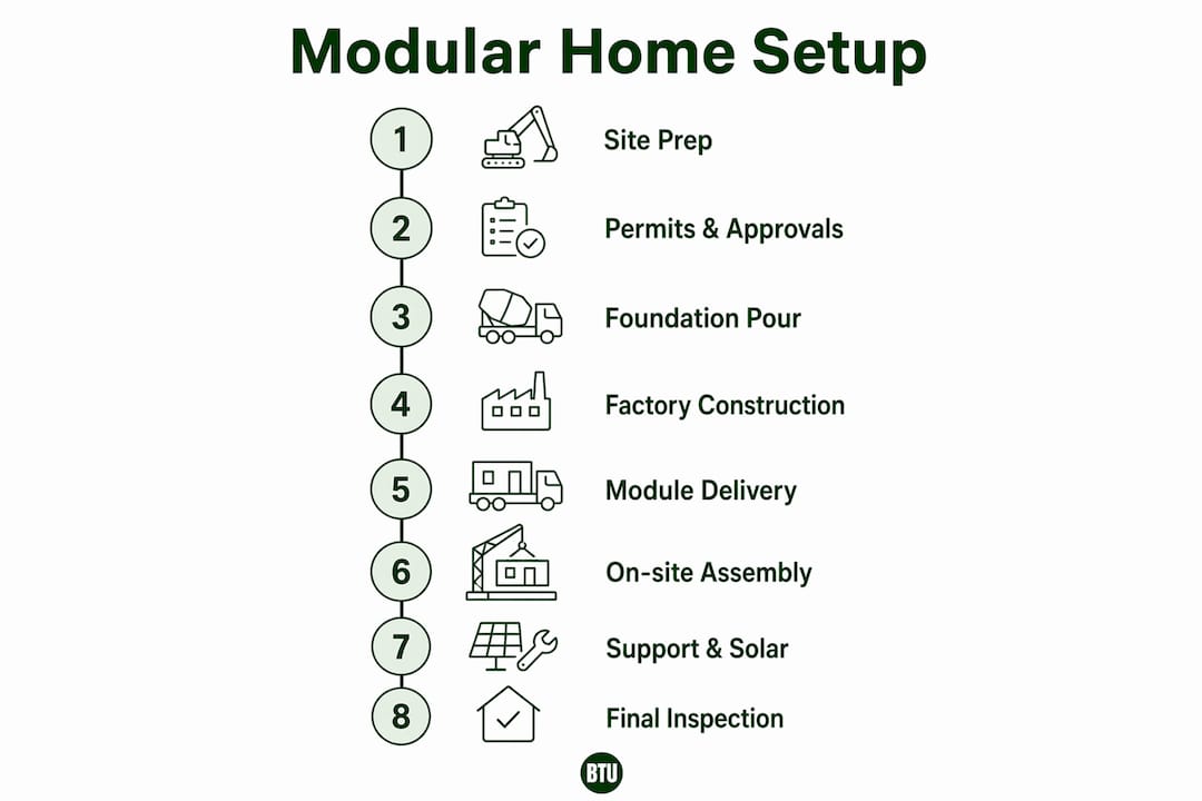 Infographic depicting modular home setup workflow steps