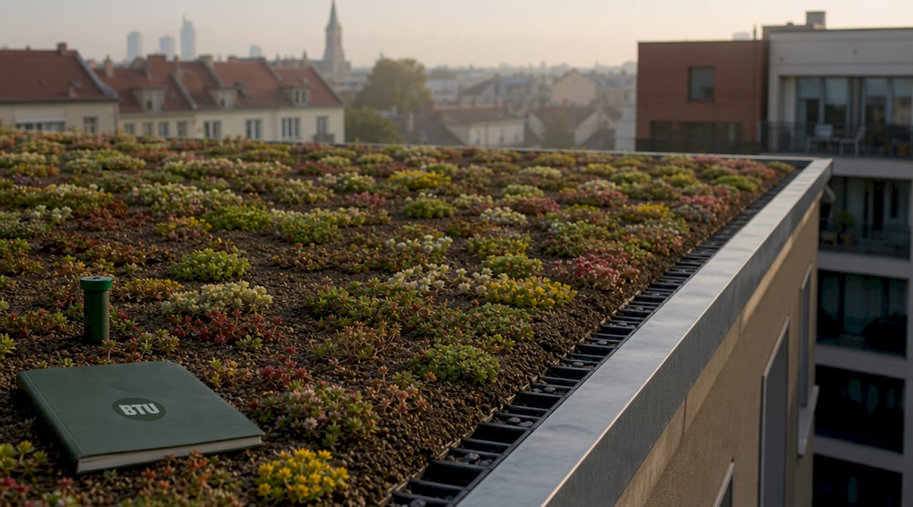 Extensive green roof detail with shallow plants