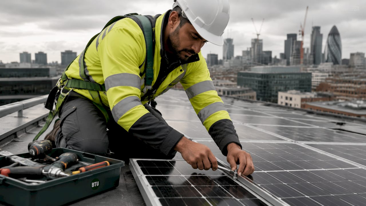 Technician fitting solar panels on UK home roof