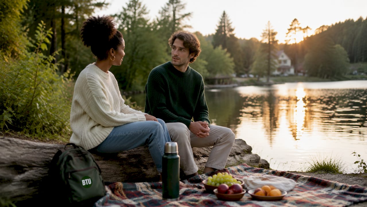 Two people conversing at outdoor eco community retreat