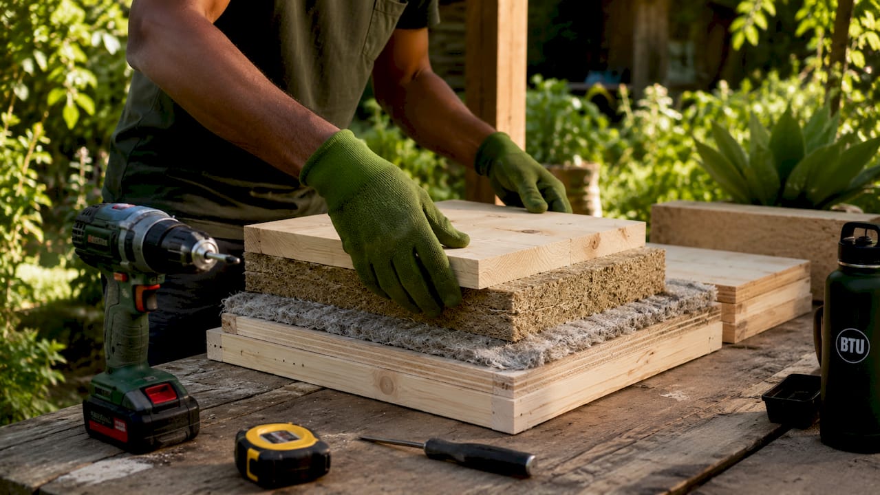 Hands assembling sustainable building materials