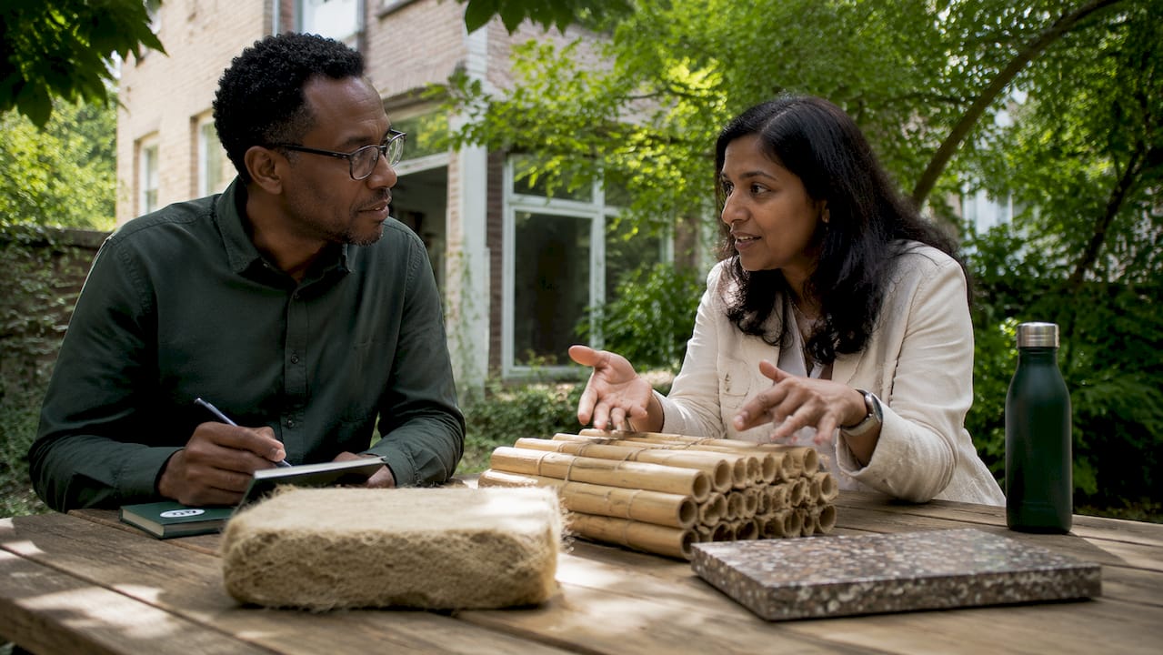 Two professionals discussing eco-friendly building materials
