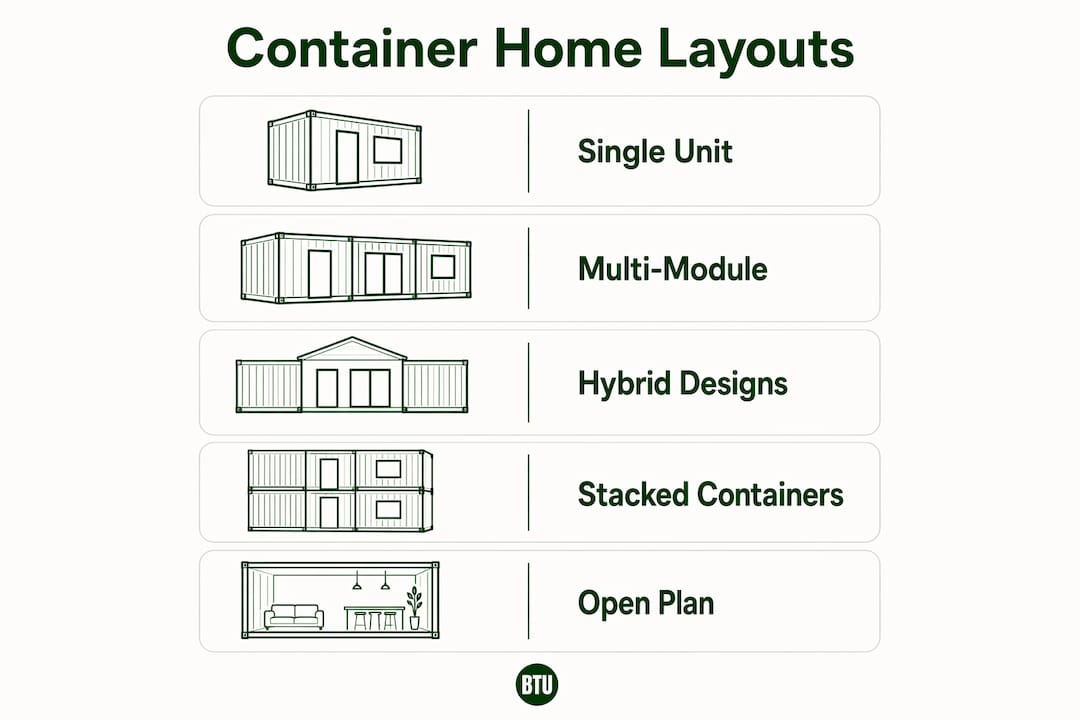 Infographic illustrating container home layouts and types