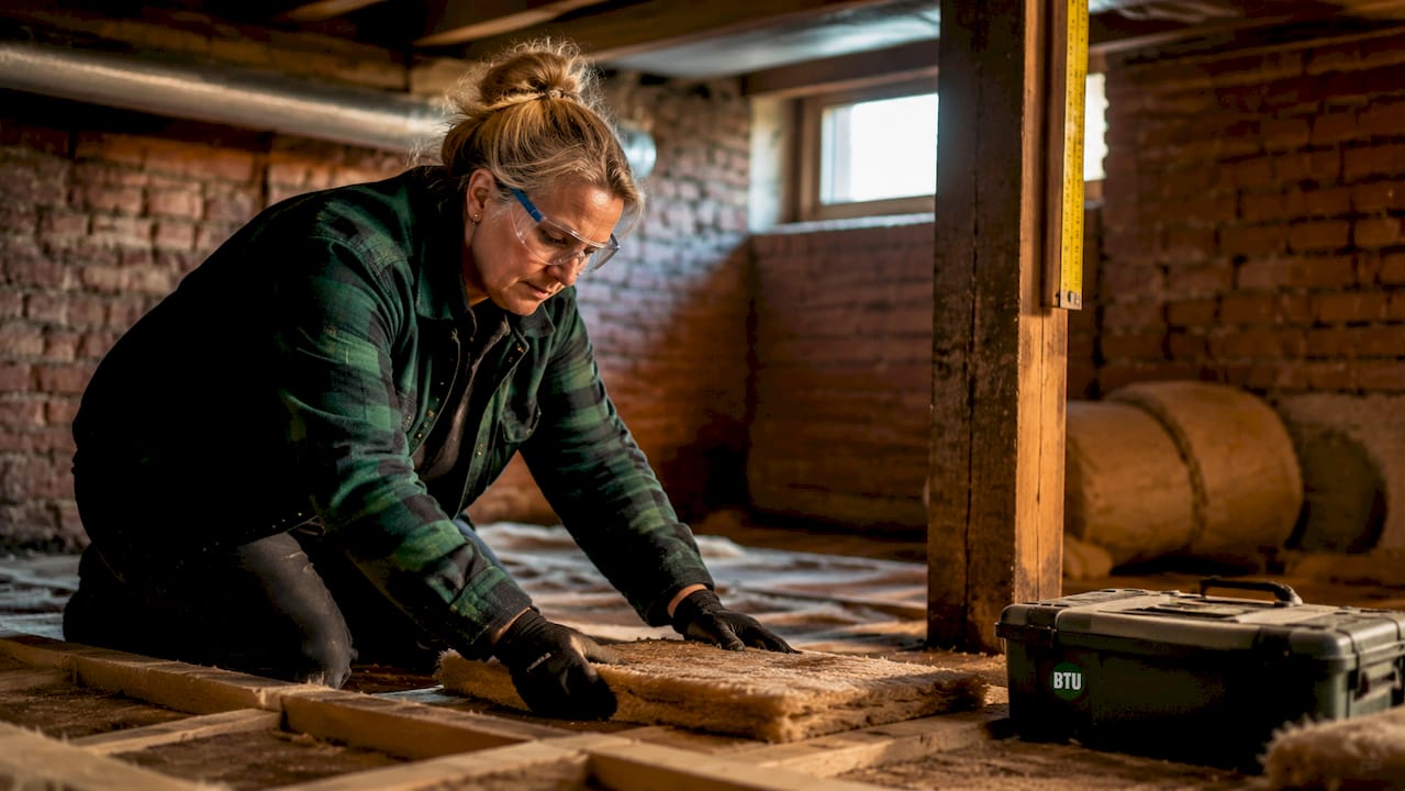 Worker installing loft insulation in attic