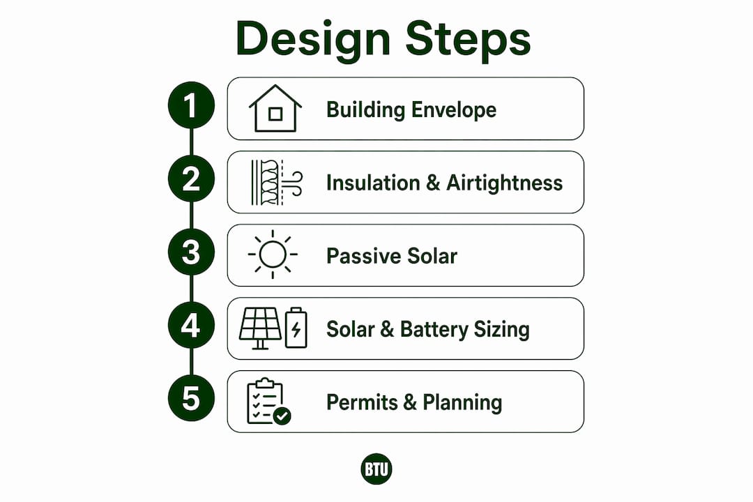 Infographic showing self-sufficient house design steps