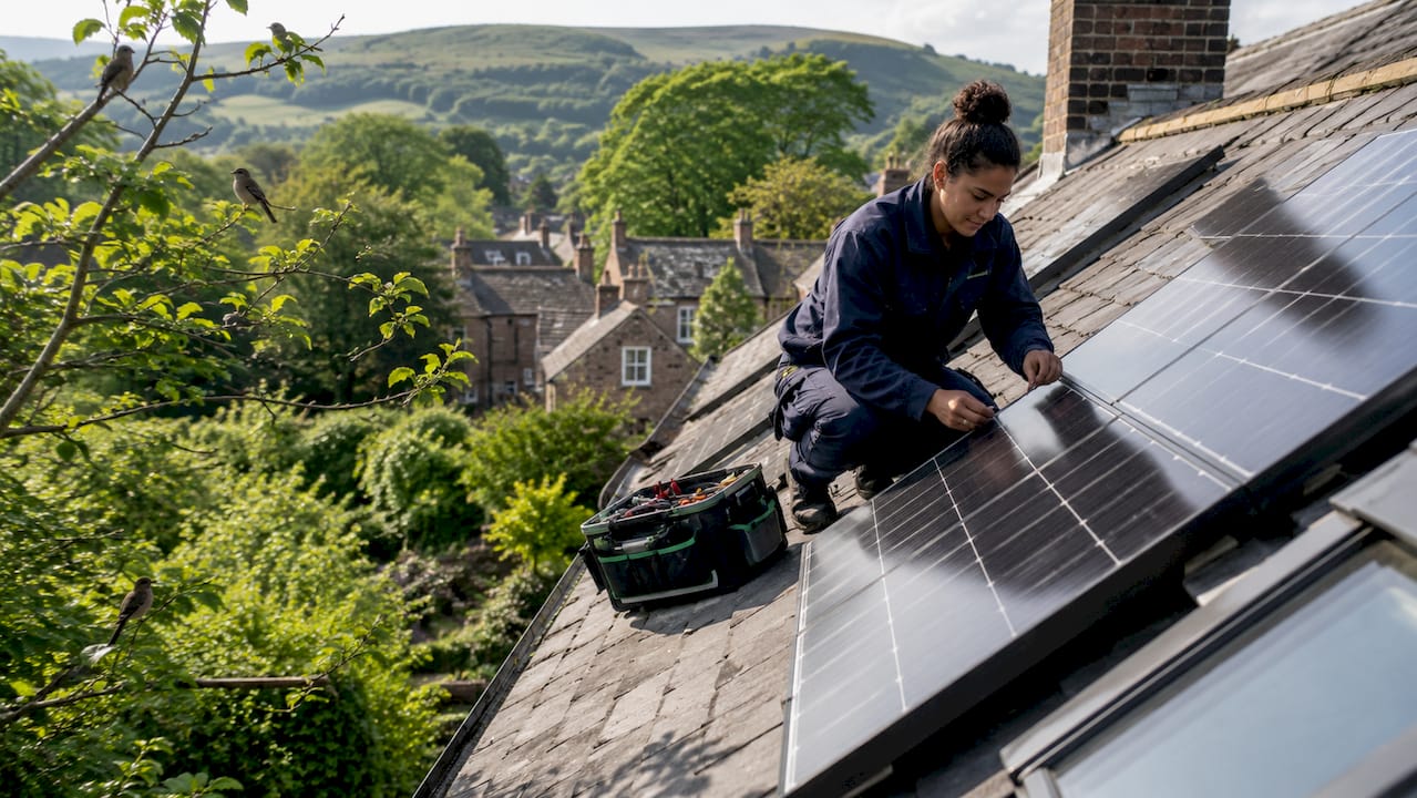 Female technician inspecting rooftop solar panels outdoors