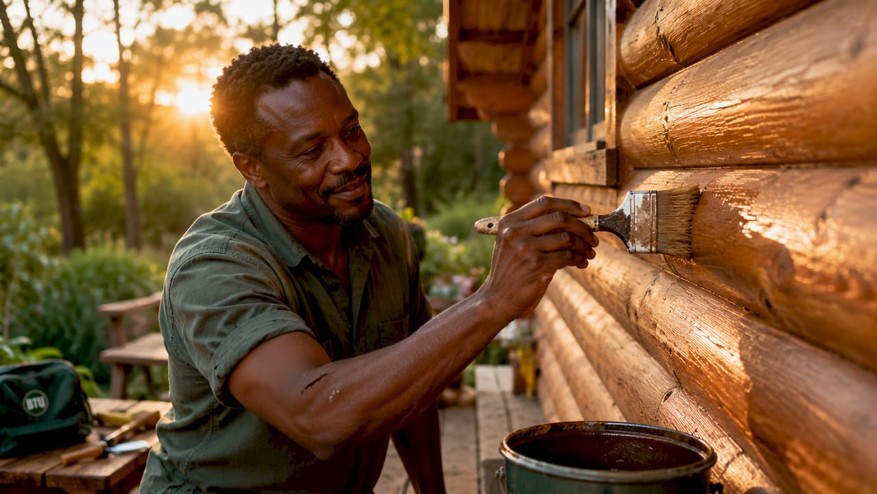 Hands applying stain to cabin logs