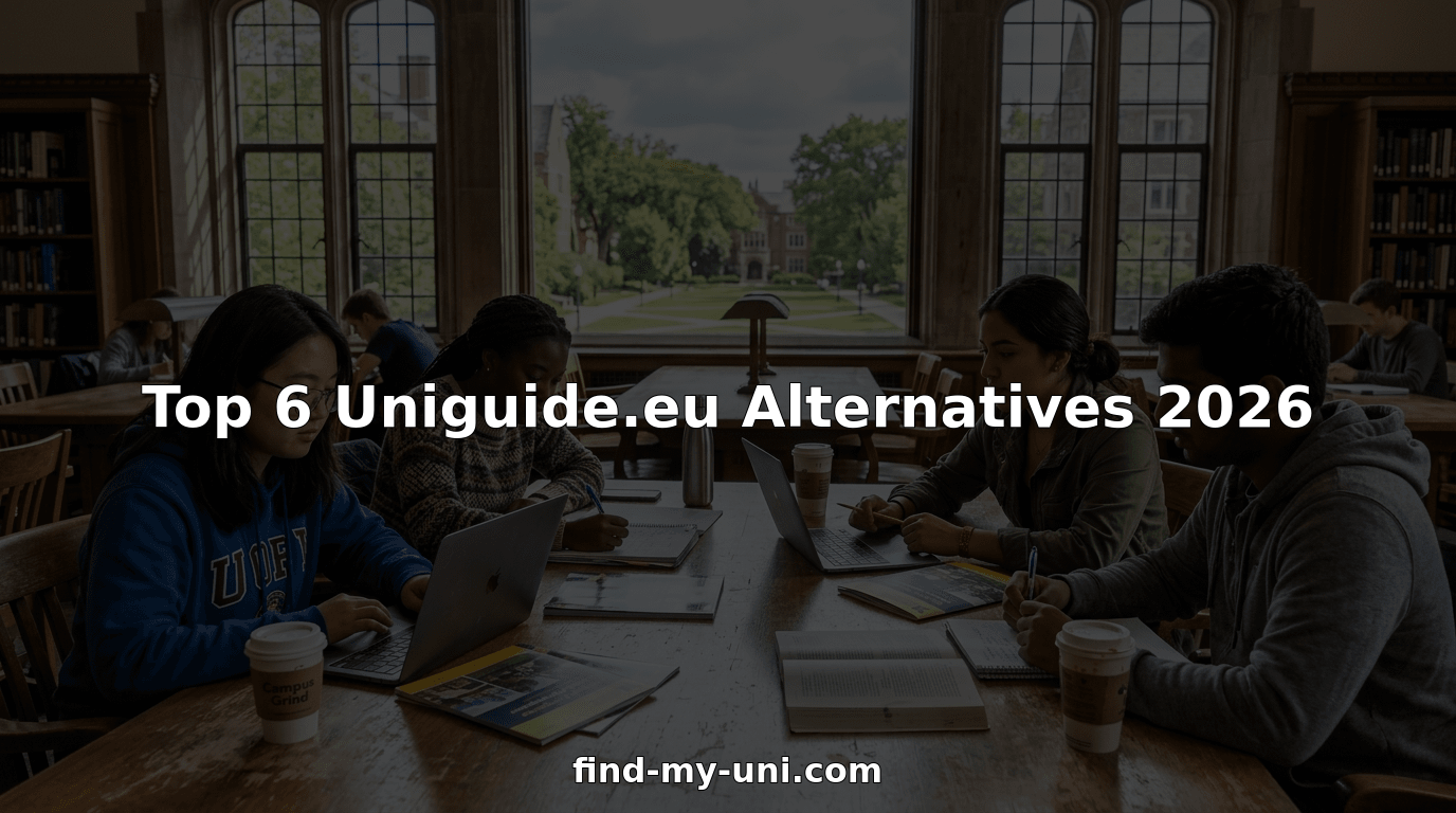 Students comparing university platforms in bright study room