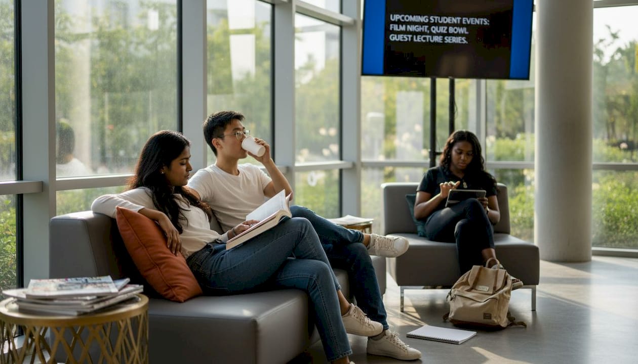 Multinational students relaxing in NYUAD campus lounge