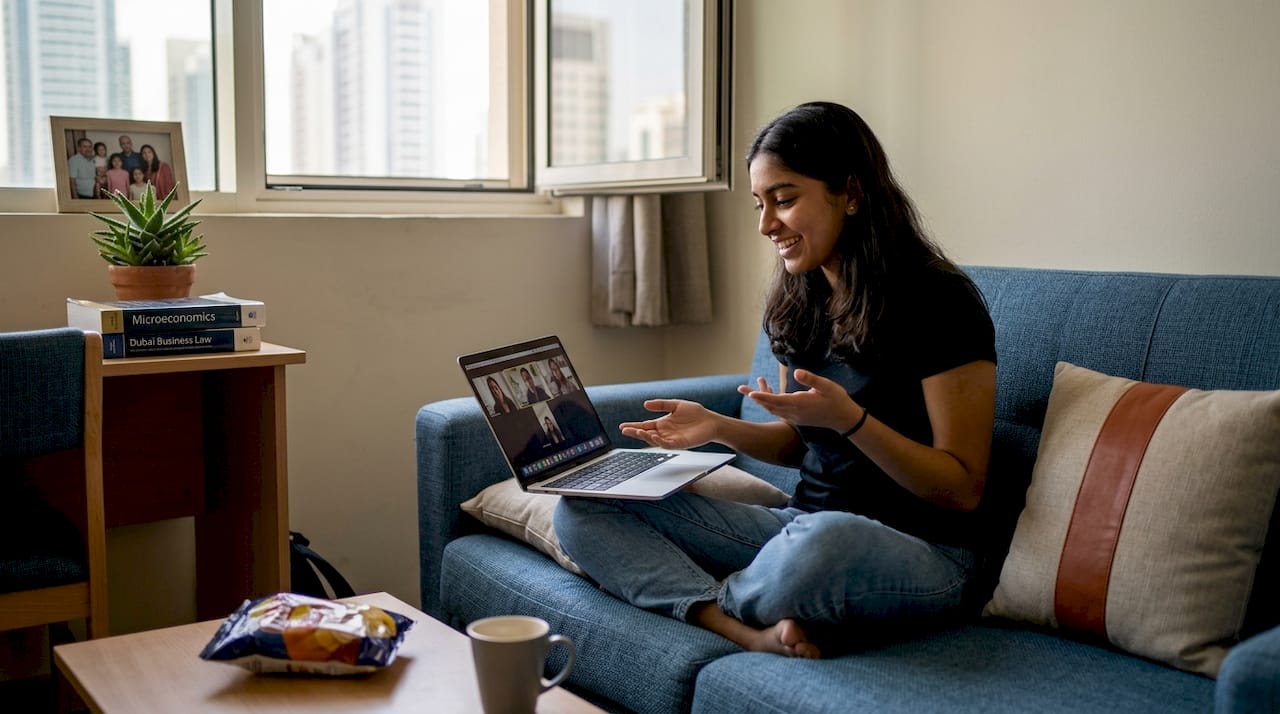 Student video calls family from dorm room