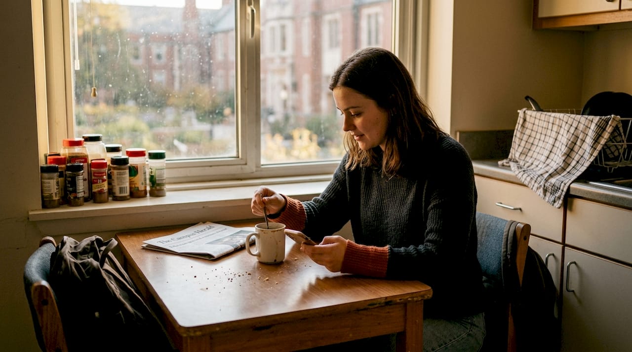 Student in shared UAE dorm kitchen