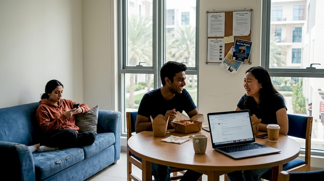 Students socializing in UAE dorm common room