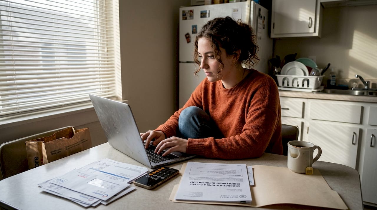 Student budgeting at kitchen table with bills