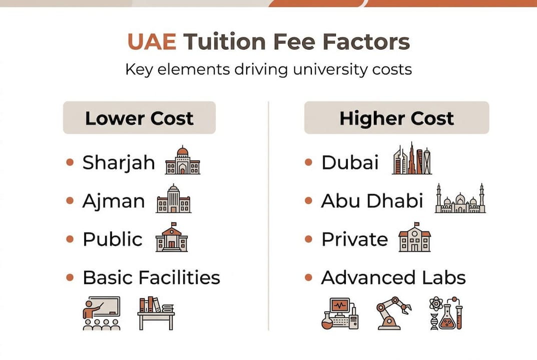 Infographic about UAE tuition fee factors and comparison