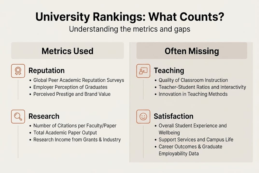 Infographic explaining university ranking metrics and gaps