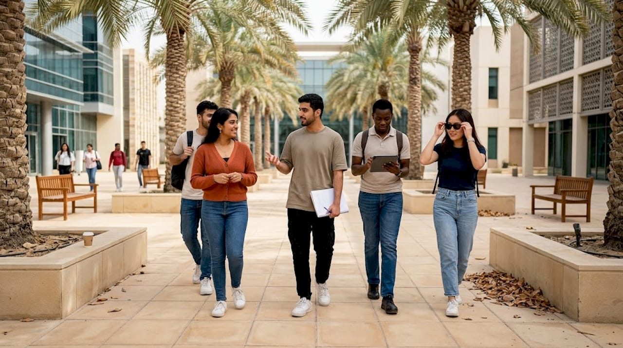 Students on UAE campus path conversing outdoors