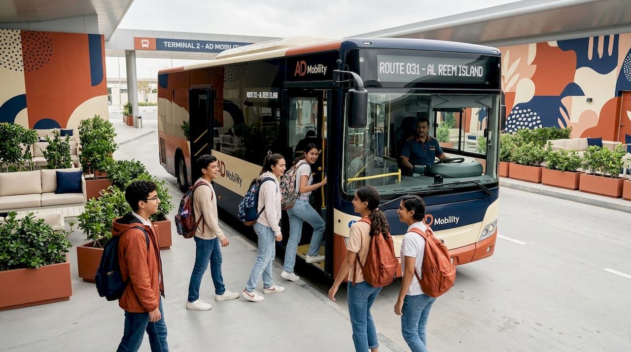 Students boarding Abu Dhabi city bus