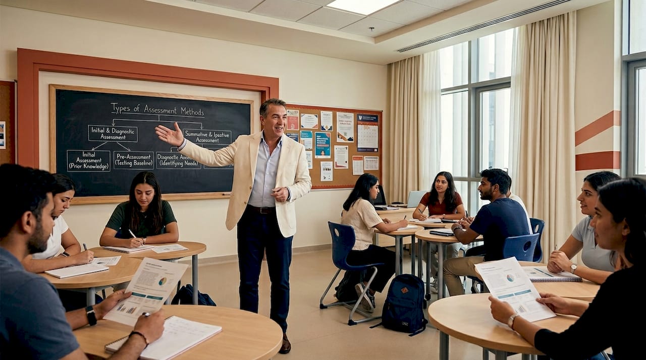 Professor explaining assessment methods overview