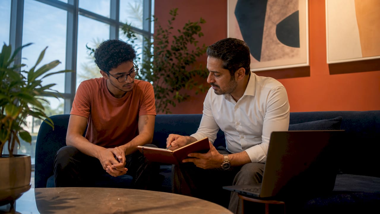 Alumnus mentoring graduate in university meeting room