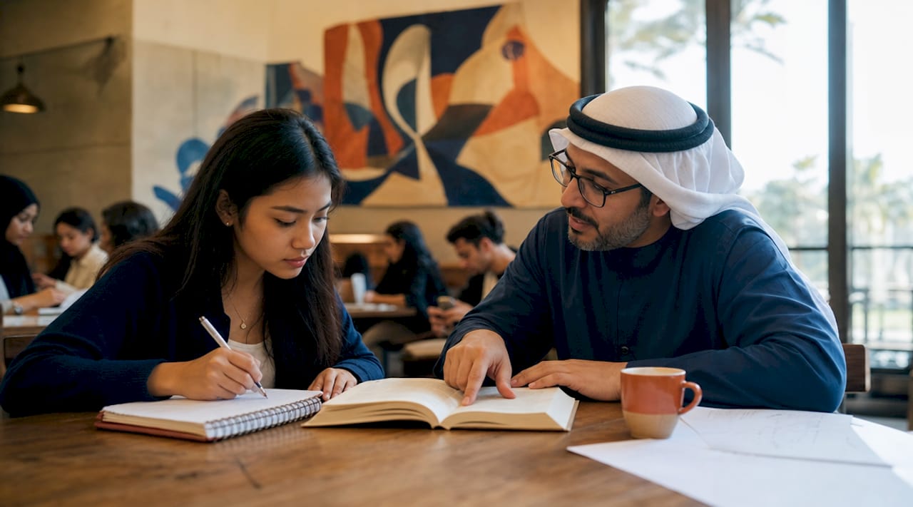 Student in office hours with professor at university