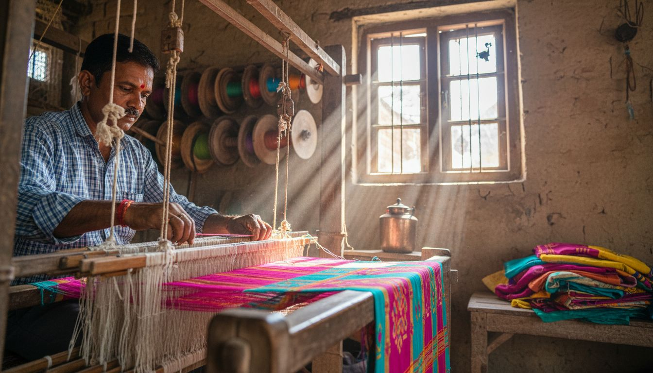 Artisan weaving cotton saree in workshop