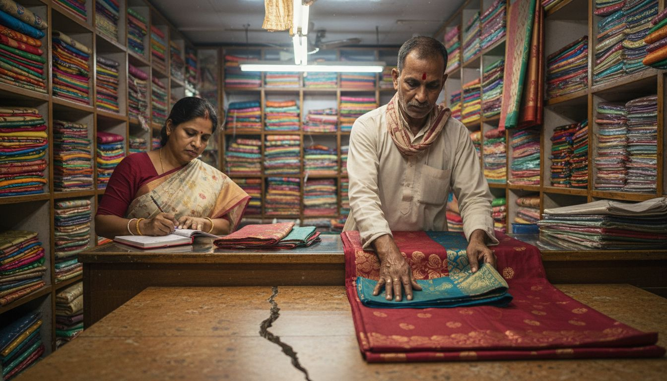Shopkeeper displaying saree selection in textile shop