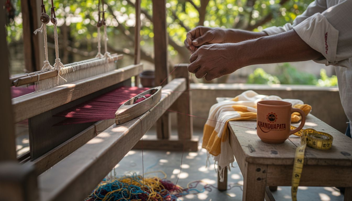 Close-up of hands threading cotton shuttle